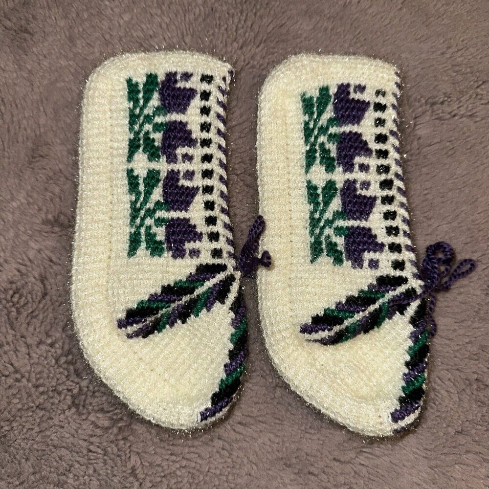Hand Knit Socks, Wool Socks Slipper Socks, Purple Flowers Womens Size 7-8